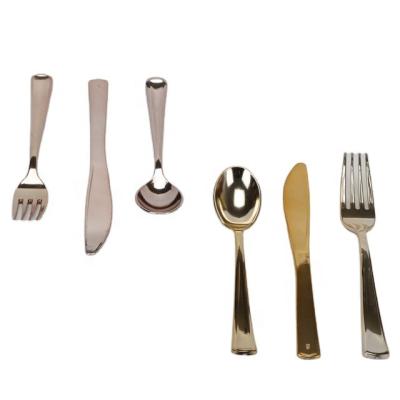 China Disposable High Quality Disposable Rose Gold Plastic Spoons Forks Knife Flatware Set For Wedding for sale