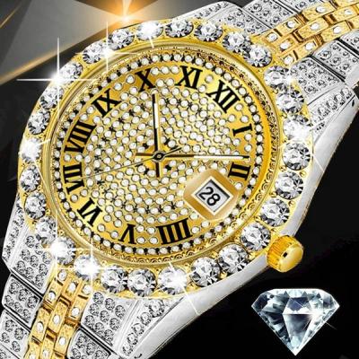 China Mens Hip Hop Day/Date 6073 Iced Out Two Tone Rapper Bling Luxury Gold Dial Bust Bottom Metal Watch for sale