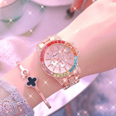 China Hot Sale European Day/Date 8456 Iced Out Luxury Colorful Gold Diamond Women Watches Bling Hip Full Hop Wristwatch for sale