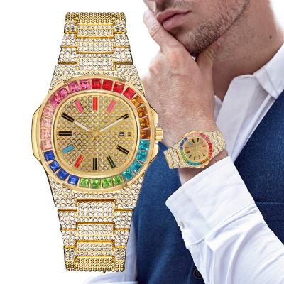 China Day/Date 8450 Ice Fashion Diamond Watch Luxury Colorful Gold Full Diamond Mens Watches Square Hip Hop Bling Watch for sale