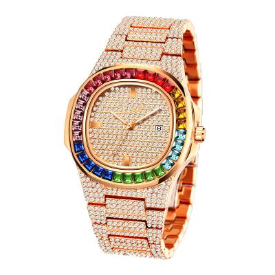 China FREE SAMPLE Day/Date Hot Selling Amazon Outlet Watch Iced Out Gold Colored 6044 Diamond Watch For Men Square Bling Hip Hop Wrist Watch for sale