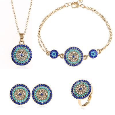 China Hiphop 6613 Luxury Turkish Blue Evil Eyes Jewelry Sets 4PCS Set CZ Crystal Circle Evil Eyes Earring Necklace Ring Bracelet for sale