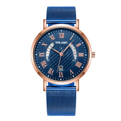 China Whole sale Dropshipping YOLAKO Mesh Strap Steel Men Wrist blue black full calendar watches classic analog watch reloj nios for sale