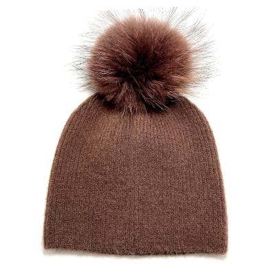 China JOINT Wholesale Ribbed Knitted 100%cashmere Beanie With Raccoon Fur Pom Pom Hats For Women for sale