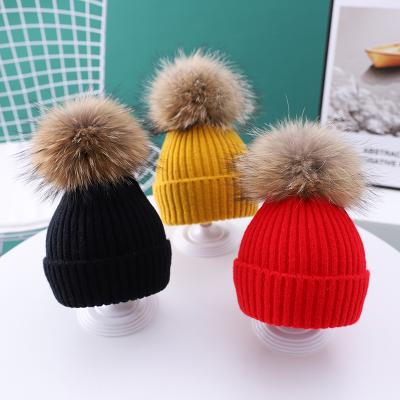 China Medium High Quality Knit Madame Slouch Beanie Korean Winter Real Raccoon Fur Pom Pom HatTop for sale