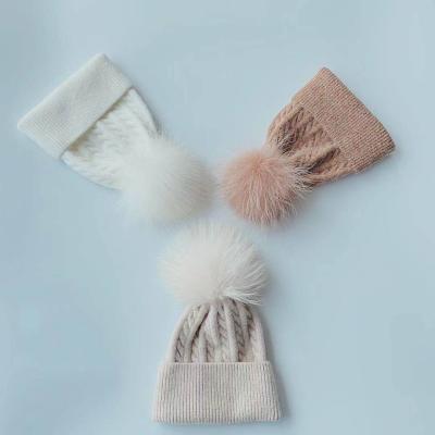 China High Quality Medium Knitted Beanie Hat Women Woolen Beanie Hat With Big Fur Pompom Women Fur Pom Pom Custom Hat for sale