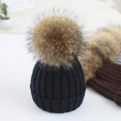 China Medium Custom Ball Pom Pom Unisex Beanie Hat Faux Raccoon Fur Logo Winter Knitted Beanie Removable Pom Thick Women Bobble Hat for sale