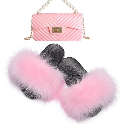 China Fashion Trend Factory Women's Unique Fur Fancy Slipper Eva Fox Fur Mommy and Me Soft Lightweight Slides Real Fur Slides for sale