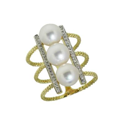 China CLASSIC 18K White Gold CZ Diamond Freshwater Cultured Perfect Triplets Pearl Ring for sale