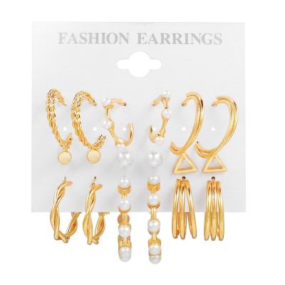 China Wholesale Vintage 9 Pairs Hook Earring Set Alloy Gold Hand Pearl Twist Women's Earrings Fashion Jewlries for sale