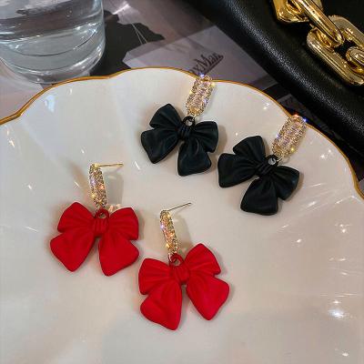 China Vintage Women Fashion Fashionable Sweet Shiny Crystal Red Black Color Bowknot Earrings for sale