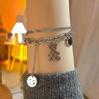 China Stainless Steel Cute Smiley Face Bear Charm Hip Hop Double Layer Chain Bangles Bracelet for sale