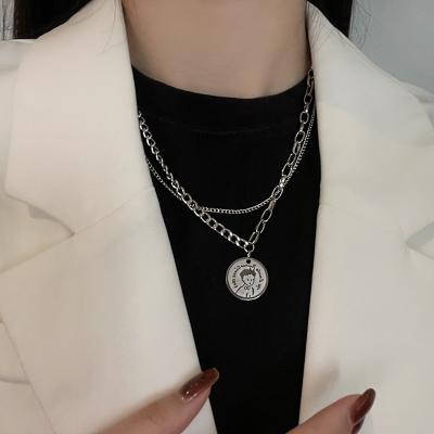 China Hiphop Personality Hip Hop Small Engraved Coin Necklace Cute Prince And Princess Stainless Steel Necklace for sale