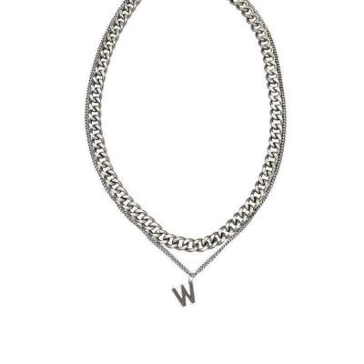 China Trendy Hip Hop Metal Choker Double Layer Chain Cuban Necklace Silver Punk Letter-W Chain Necklace for sale