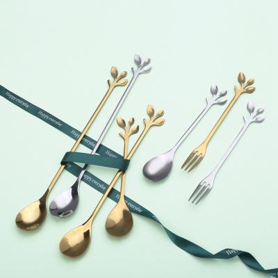 China Amazon Stocked Set Creative Home Dessert Spoon Cake Fork 430 Stainless Steel Wedding Party Fruit Fork Teaspoon Leaves Supplies for sale