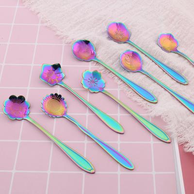 China Amazon Stocked Golden Stainless Steel Flower Teaspoon Ice Cream Sugar Spoon Mixing Cafe Stirring Milkshake Spoon Set Tea Scoops for sale