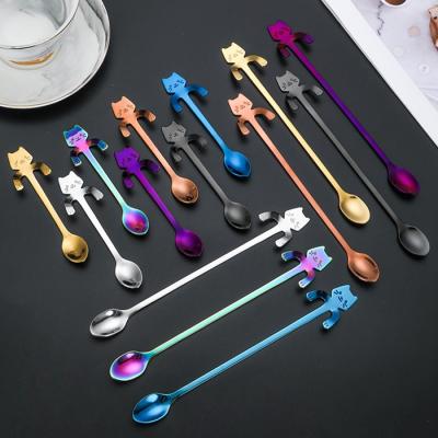 China Stocked Promotion Gift Set Children Stirring Colorful Hanging Kitten Spoon Dessert Coffee Stainless Steel 304 Cat Spoon Cutlery Spoon Set for sale