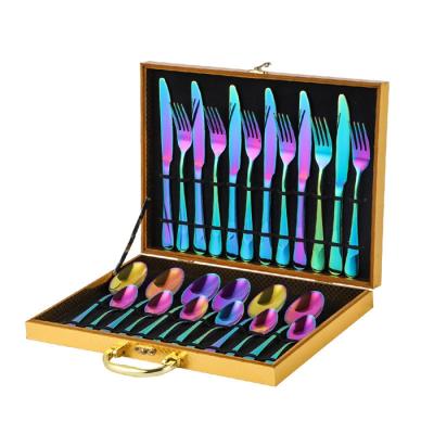 China Amazon Stocked Tending Fork Spoon Knife Tea Spoon Set For 6 Handle Flatware Gift Box Maker Multi Colored Cutlery 24pcs Set for sale