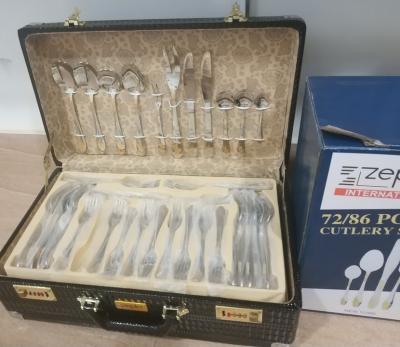 China Stocked 86pcs Stainless Seel Cutlery Set 72 Flatware 84pcs Dinnerware Set with Wooden Box or Leather Suitcase Packing for sale