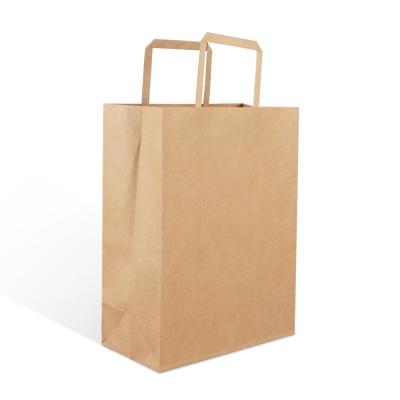 China Low MOQ Recycled Materials in Stock White Brown Package Flat Rope Handle Recyclable Supermarket Shopping Clothes Kraft Paper Bag for sale