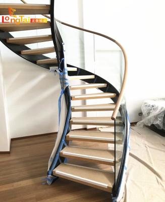 China LONGTAI Modern Glass Curved Staircase With Wooden Tread Top Railing Tempered Modern Staircase for sale