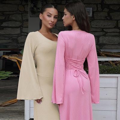 China Stylish Long Sleeve Slim Dress U Neck Back Lace Up Solid Color Long Sleeve Dresses for sale