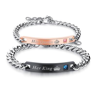 China Romantic Couples Bracelet His King Beast His Queen Beauty Unique Gift For Lover Crystal Crown Charm Bangle Stainless Steel Bracelet for sale