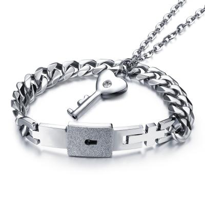 China Hot Sale Romantic Trending Love Locks Bracelet&Necklace Couples Set Stainless Steel Bracelet For Men Women Couple Lovers Valentine's Day for sale