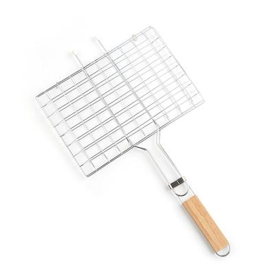 China Removable Stainless Steel Wire BBQ Accessories Easily Cleaned Side Grill Basket Cooking Fish Basket Mesh BBQ Grill Basket With Wooden Handle for sale