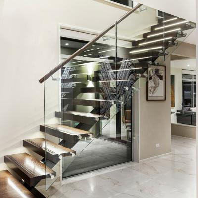 China Contemporary Prefab Stainless Steel Indoor Mono Beam Staircase With Walnut Step Glass Enclosure Staircase for sale