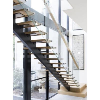 China Mesense Stringer Stairs Staircase Design Wood Contemporary Straight Balustrade Stainless Steel Mono Railing for sale