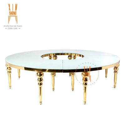 China Round Shape Tempered Glass Luxury Extendable Variable Wedding Gold Stainless Steel Round Table for sale