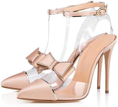 China Fashion Trend NSP011 Women's T Toe Stiletto High Heels Dress Clear Strap Headed Pump Sandals With Rhinestones Studded Bows for sale