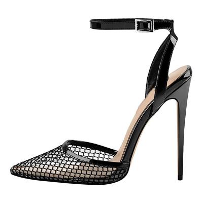 China NSP024 Fashion Trend Women's High Toe Slingback Ankle Strap Mesh Clear Stiletto Heel Pumps Handmade Sandals for sale