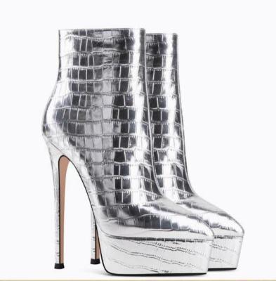 China NSB017 Fashion Trend Women Ladies Metal Platform Ankle Boots Silver High Heel Women Patent Thin Boots for sale