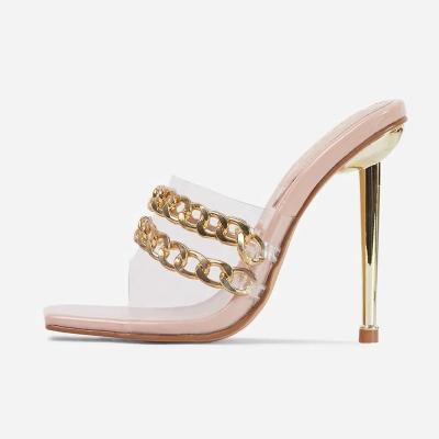 China Fashion Trend Square NSH045 High Quality Gold Chain Toe Metallic Heel Sandals Women Patent Mules Custom Made for sale