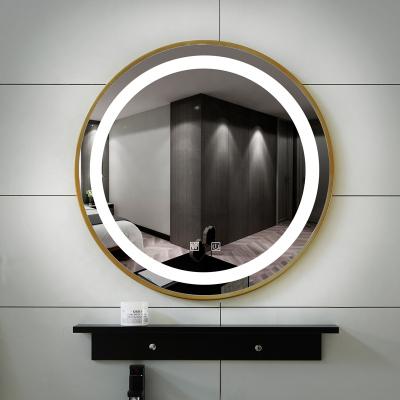 China Aluminum Frame Enlarging Leather Led Lighted Mirror Round Touch Strap IP44 Decorative Black Mirror Lighted Mirror Bathroom for sale