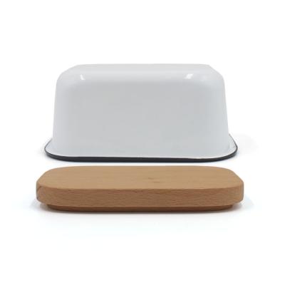 China The Sustainable Rectangular Shape Enamel Butter Bomb Boat With Wooden Cover for sale