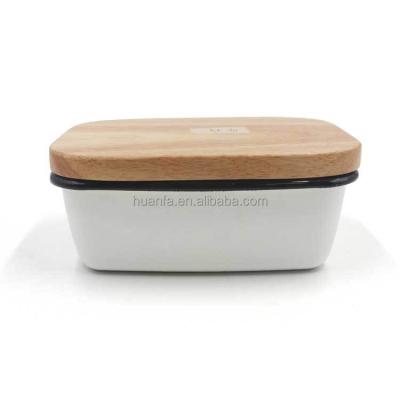 China Amazon Sustainable Hot Selling Rectangular Shape Customized Color Enamel Butter Dishes With Wooden Lid for sale