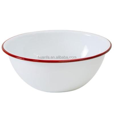 China Vintage Enamel Utensils Viable Cereal Bowl - Solid White with Red Rim Enamel Dining Bowls 15.8cm for sale