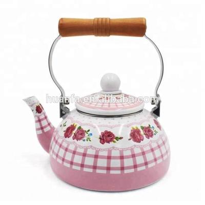 China Sustainable Flower Pattern Design Enamel Teapot / Kettle With Wooden Handle for sale