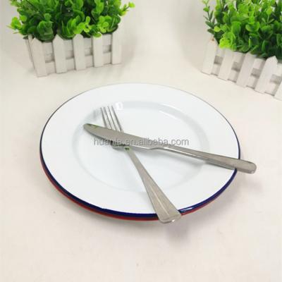 China Sustainable Plain White With Blue Round Rim Custom Enamel Dinner Plate Pasta Metal Dish Dish for sale