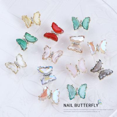 China New Clear and Aurora Glowing Alloy Frame Butterfly translucent 3D Crystal Butterfly Diy Nail Jewelry easy summer style for sale