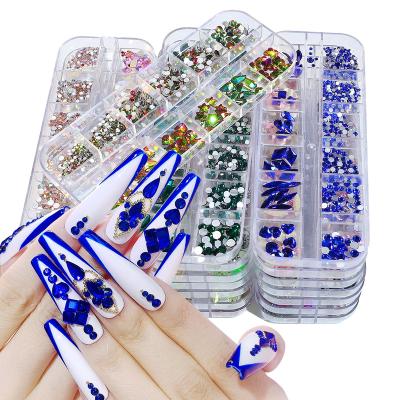 China Crystal Nail Art Glass Diamonds Jewelry Easy Colored Flat Back Nail 12 Grid Multi Shapes Irregular Rhinestones Charm Sets for sale