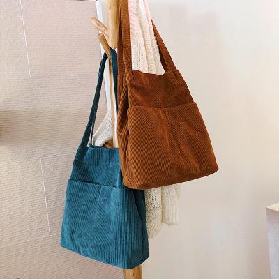 China Lady Vintage Corduroy Cotton Outside 2 Pockets Girls School Shoulder Bag Large Tote Bag Shopping Winter for sale