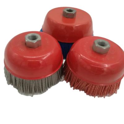 China Weld Cleaning Rough Surface Cleaning FMT Wire Silicon Carbide Dupont Wire Cup Nylon Abrasive Nylon Brush 150 mm m14*12 for sale