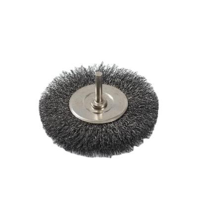 China Weld Cleaning Rough Surface Cleaning Circular FMT Carbon Steel Wire Wheel Deburring Polishing Polishing Round Brush With Spindle for sale