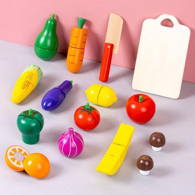 China Early Education Montessori Pretend Play Kitchen Set 15 Pcs Wooden Vegetable Cutters Cutting Fruit Board Games Toys for sale