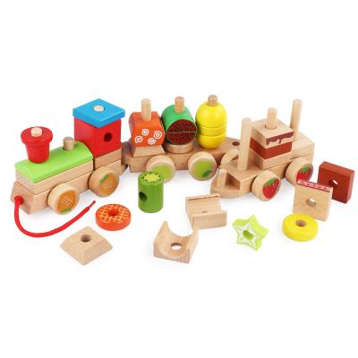 China Ride On Toy Amazon Hot Selling Beech Trailer Building Block Fruit Train Set Column Puzzle Clog Toys for sale