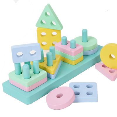 China 2022 wooden children color four sets of columns stacking blocks toys wooden montessori educational toys for children for sale